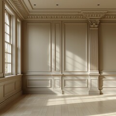 room with window. interior of basilica. Inside a grandiose building, a spacious room with a striking marble floor and towering columns can be seen. The floor is made of smooth, polished marbl