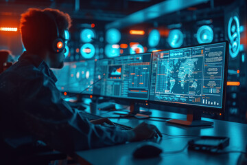 cybersecurity experts work on computers with complex code on screens, in a high-tech, neon-lit control room environment.