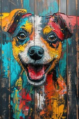 Smiling Dog Street Art Mural, Vintage Wall Painting, Vertical Pet and Animal Portrait Illustration