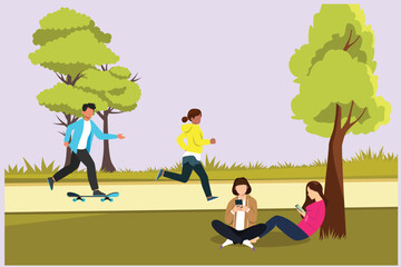 People walking, playing, riding bicycle at city park. Activities outdoors concept Colored flat vector illustration isolated.
