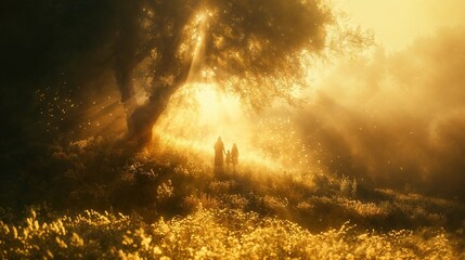 Golden Light in Forest with Two Figures