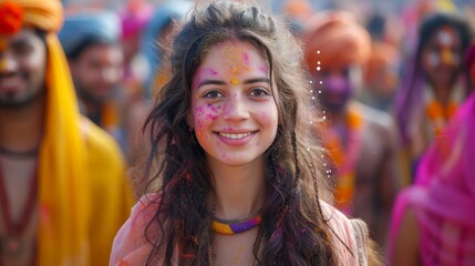 Obraz premium Smiling Young Woman Celebrating Holi Festival With Colorful Powder on Her Face in India