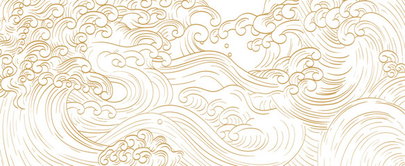 Hand drawn wave with Japanese pattern vector. Abstract art background in vintage style. Chinese new year banner and card design. Contemporary shapes in vintage template design	
