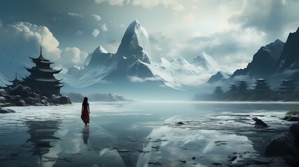 A Chinese model standing by a frozen lake, the reflection of snow-covered mountains adding a touch of magic to the winter scene - obrazy, fototapety, plakaty