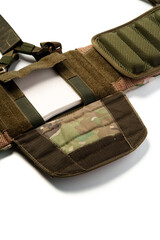 Close up of tactical bulletproof vest on white background