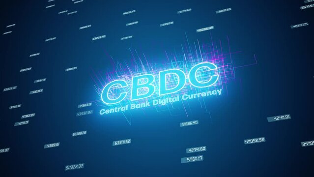 Video animation of the keyword CBDC - central bank digital currency in blue on a dark abstract background - business concept.