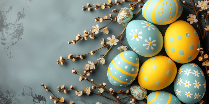 Easter flat lay image with pastel decorated eggs and flower blooms