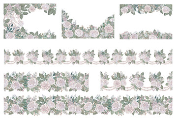 Watercolor floral frame and seamless border of white roses, green leaves, lilac, eucalyptus in a pastel color in vintage style for wedding, Women's Day, Valentine's Day, template, clipart, scrapbook