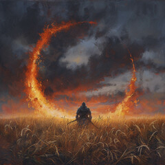 Fototapeta premium Fire encircles a lone wheat stalk watched over by the knight king