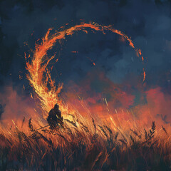 Fire encircles a lone wheat stalk watched over by the knight king - obrazy, fototapety, plakaty