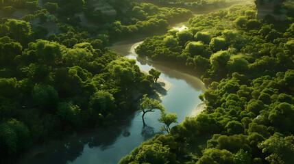 Fototapeta na wymiar an aerial view of a forest with a tranquil river meandering through the lush landscape, offering a serene and picturesque view