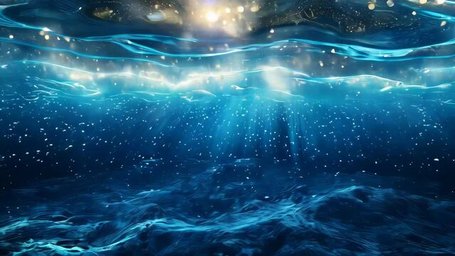 Underwater scene with light rays and water surface. 3d rendering