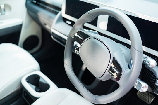 Interior of Hyundai IONIQ 5 Electric Vehicle EV. Ioniq 5 electric car. Ultra progressive electric hatchback SUV.