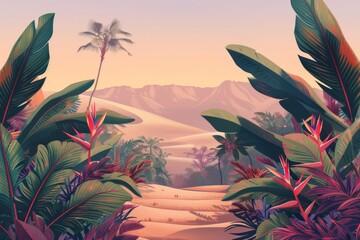 vibrant digital artwork showcasing a lush desert oasis bursting with colorful flora and fauna