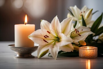 Funeral. Beautiful lilies and burning candle on light blurred background