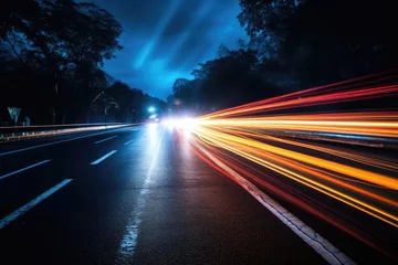Foto op Aluminium Abstract long exposure dynamic speed light in rural city road,  Cars on night highway with colorful light trails, Ai generated © Tanu