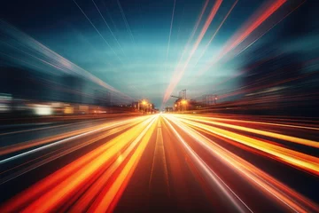 Papier Peint photo Autocollant Autoroute dans la nuit Abstract long exposure dynamic speed light in rural city road,  Cars on night highway with colorful light trails, Ai generated