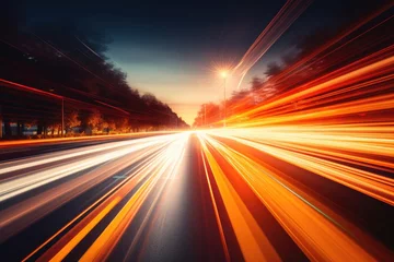Zelfklevend Fotobehang Abstract long exposure dynamic speed light in rural city road,  Cars on night highway with colorful light trails, Ai generated © Tanu