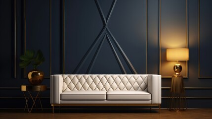 A living room designed with a black and white color scheme. 