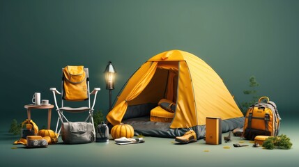 Camping tent and hiking equipment  - obrazy, fototapety, plakaty