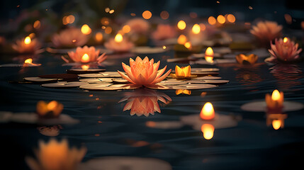 Photographing krathong floating gently on the water, Thailand Loy Krathong Festival - obrazy, fototapety, plakaty