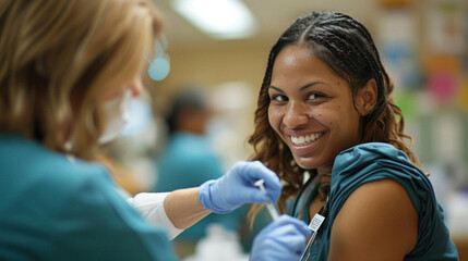 Healthcare Worker Providing Vaccinations: A nurse providing vaccinations to a diverse group of people in a community center, playing a crucial role in public health and disease prevention.