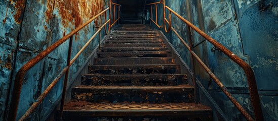 Steampunk-style stairs with rusty textures in industrial interior