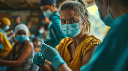 Healthcare Worker Providing Vaccinations: A nurse providing vaccinations to a diverse group of people in a community center, playing a crucial role in public health and disease prevention.