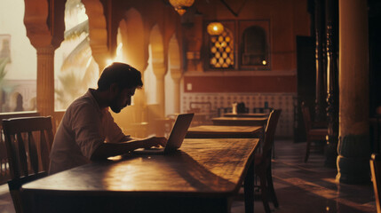 Indian Blogger at a Historical Cafe: An Indian travel blogger writing a post on a laptop in an ancient cafe, merging the love for history with digital storytelling. - obrazy, fototapety, plakaty