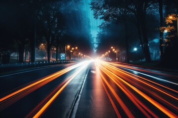 Abstract long exposure dynamic speed light in rural city road,  Cars on night highway with colorful...