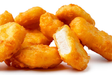 Pile of fried chicken nuggets isolated on white