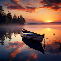 A solitary boat on a calm lake at sunset. 