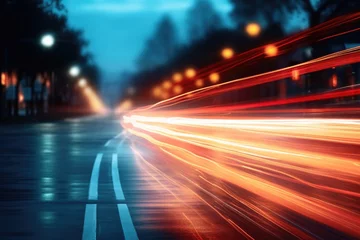 Fotobehang Abstract long exposure dynamic speed light in rural city road,  Cars on night highway with colorful light trails, Ai generated © Tanu