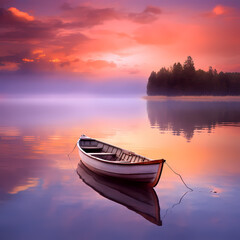 A solitary boat on a calm lake at sunset. 