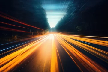 Foto op Plexiglas Abstract long exposure dynamic speed light in rural city road,  Cars on night highway with colorful light trails, Ai generated © Tanu