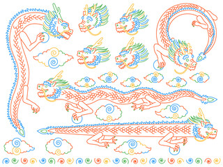 龍の顔や全身の様々なポーズのイラスト【カラー・セット】