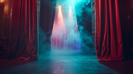 Mysterious stage with red curtains, smoke, and dramatic lighting awaits a performance. ideal for event backgrounds. cinematic feel. AI - obrazy, fototapety, plakaty