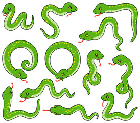 色んなポーズの蛇のイラスト【カラー・セット】