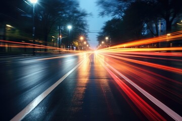 Fototapeta na wymiar Abstract long exposure dynamic speed light in rural city road, Cars on night highway with colorful light trails, Ai generated
