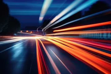 Fotobehang Abstract long exposure dynamic speed light in rural city road,  Cars on night highway with colorful light trails, Ai generated © Tanu