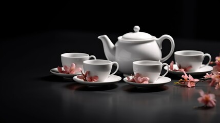 A white teapot and cups.