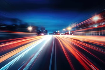 Zelfklevend Fotobehang Abstract long exposure dynamic speed light in rural city road,  Cars on night highway with colorful light trails, Ai generated © Tanu
