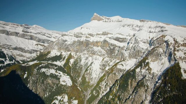 Ice-covered Mountain Massifs Of The Alps In Autumn Colors. Derborence Valley In Valais, Switzerland. aerial (helicopter) shot