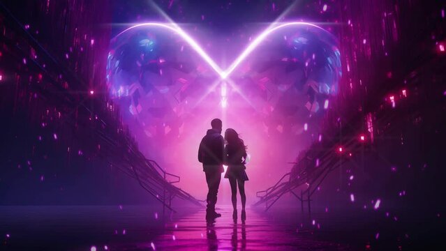A couple with a futuristic heart-shaped background. Valentines Day