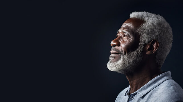 Handsome elegant, elderly African American man, on dark blue, banner, close-up, copy space.