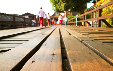 Naklejka premium Ant's Eye View of Mon Bridge, the Longest Handmade Wooden Bridge in Thailand, Sangkhlaburi District, Kanchanaburi Province