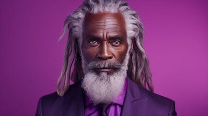 Handsome elderly black African American man with long dreadlocked hair, on a purple background, banner.