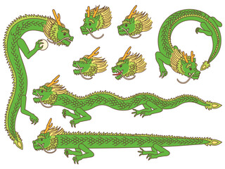 龍の顔と全身ポーズのイラスト【セット・カラー】