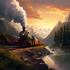 A vintage train passing through a scenic landscape