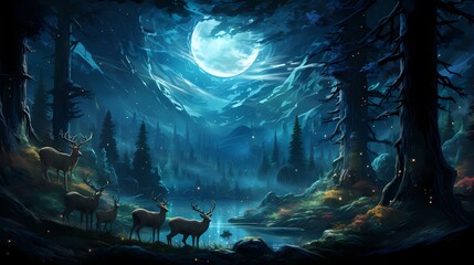 A family of deer navigating a snowy forest, with the frosty branches of trees creating a magical atmosphere under the winter moon - obrazy, fototapety, plakaty